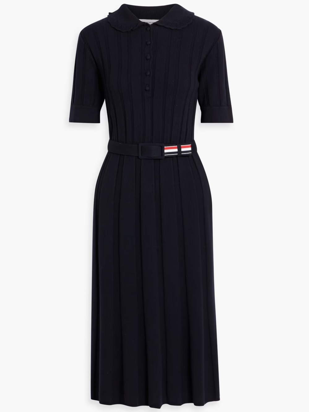 THOM BROWNE Belted ribbed wool-blend midi shirt dress